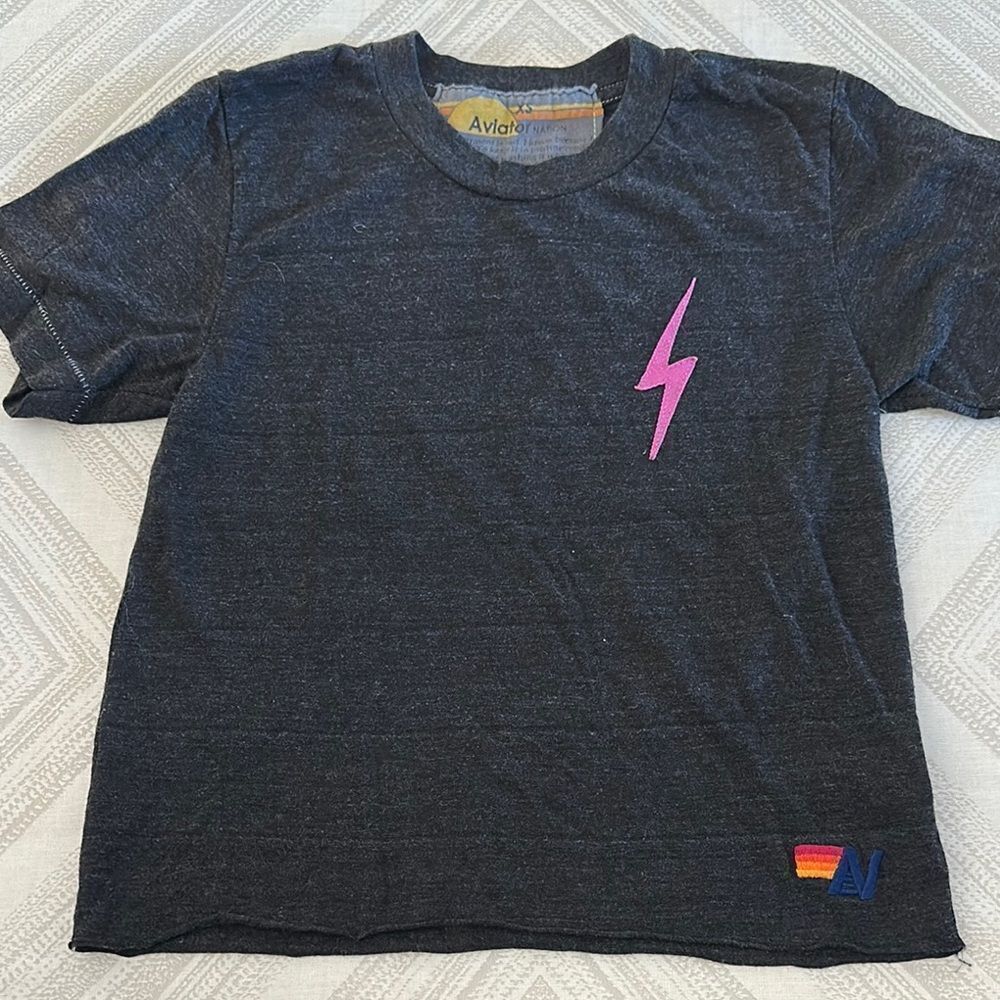 AVIATOR NATION Dark Gray T-Shirt with Small Purple Lightning Bolt - Size XS
